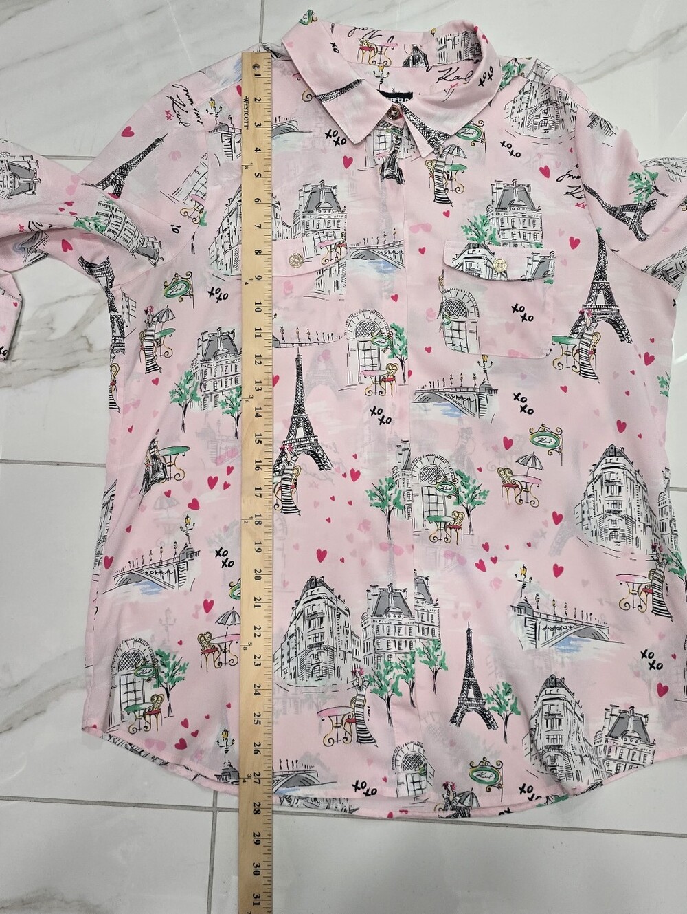 Karl Lagerfeld Paris Pink Eiffel Tower Print Button-Up Blouse Large - Picture 9 of 11